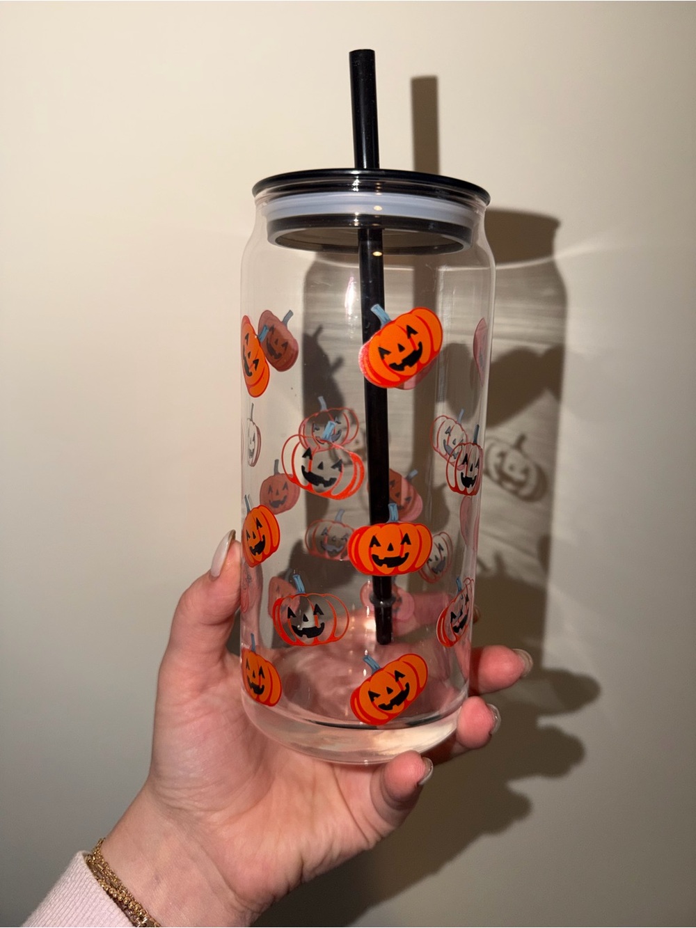 Halloween Jack-O'-Lantern Glass Tumbler with Straw - Orange/Black